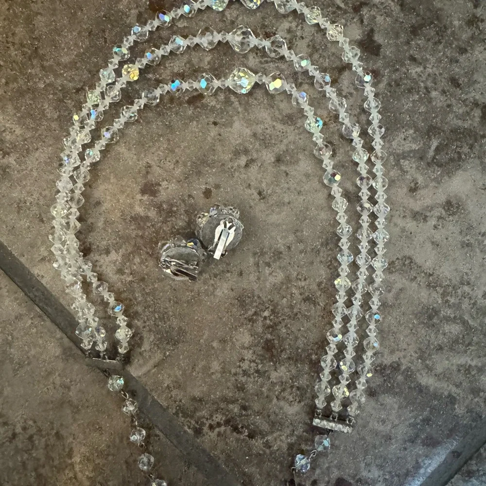 Vintage Crystal Necklace 3 Strands Clip On Earrings Aurora Borealis Set Art Deco